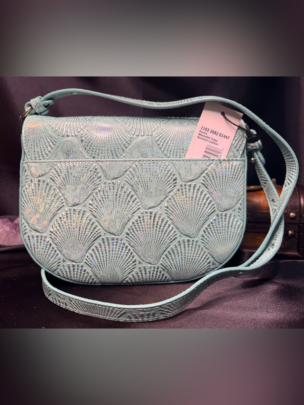 Brahmin Portia. Waterfall  Tides. Seashell-Embossed Crossbody Bag in Light Aqua - Picture 3 of 4